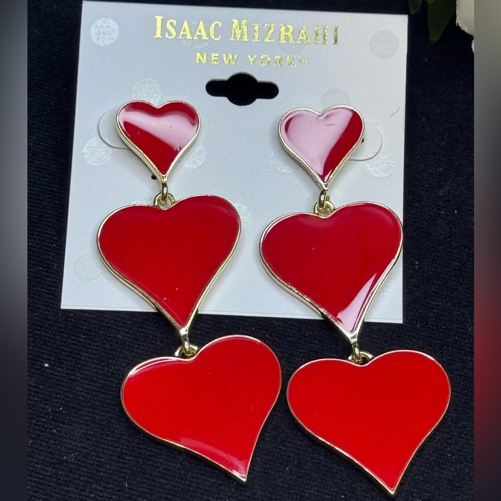 Isaac Mizrahi Red Triple Heart Post Dangling Earrings 3 in approx